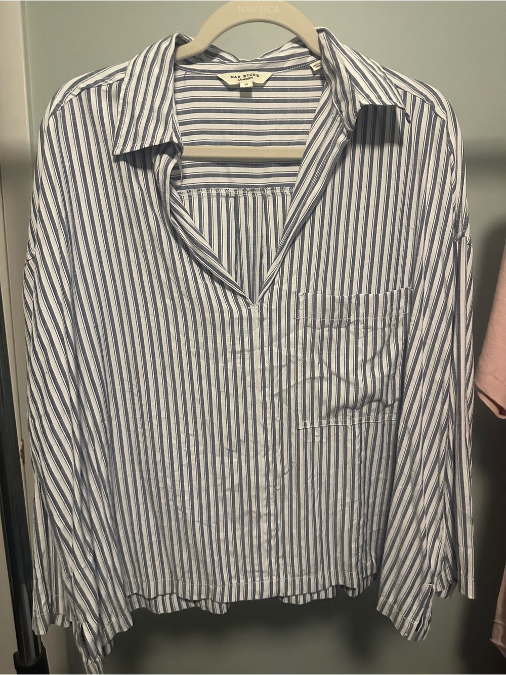 Max Studio Womens Blue and White Vertical Stripe Blouse